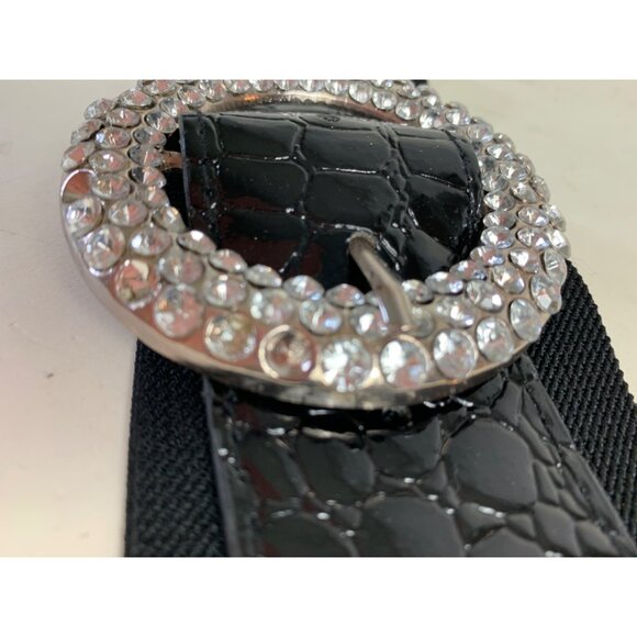 VTG Inspired 80s Black Wide Elastic Belt SZ M/L Rhinestone Buckle Crock Embossed - Picture 15 of 15
